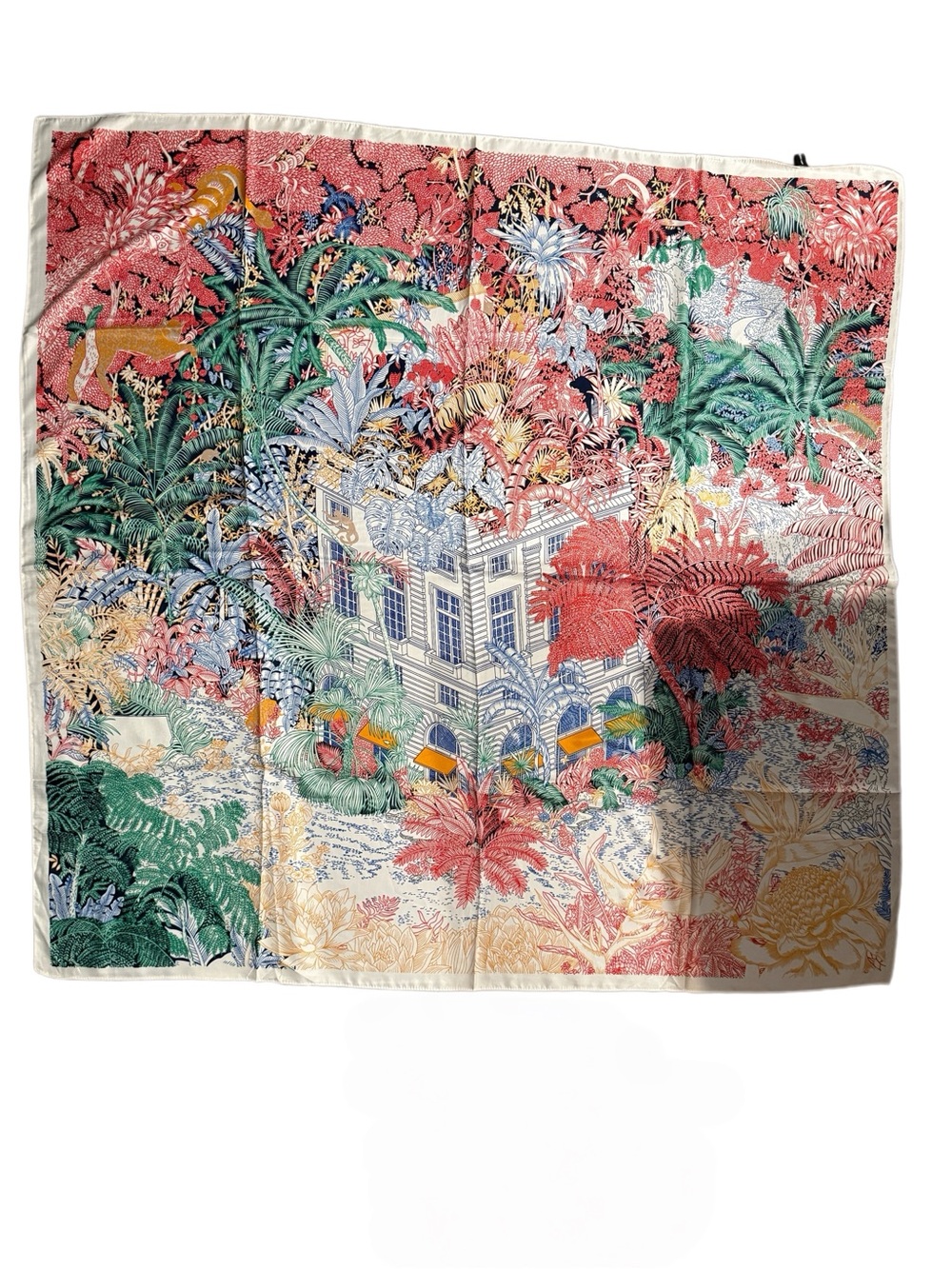 Luxury 130cm Silk Scarf Tropical Botanical Beach Towel - Coral, Green, Blue